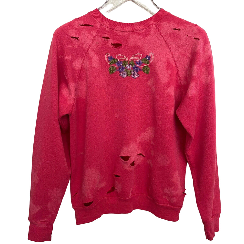 🌵Vintage 1980's Hot Pink Needlepoint Floral Upcycled Bleached Sweatshirt - M
